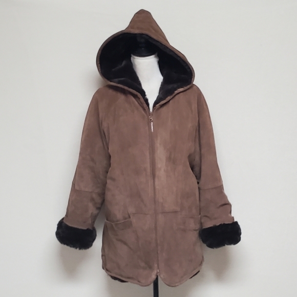 VINTAGE Hamilton Manor Reversible Suede Leather Sherpa Hooded Oversized Jacket - Picture 6 of 16
